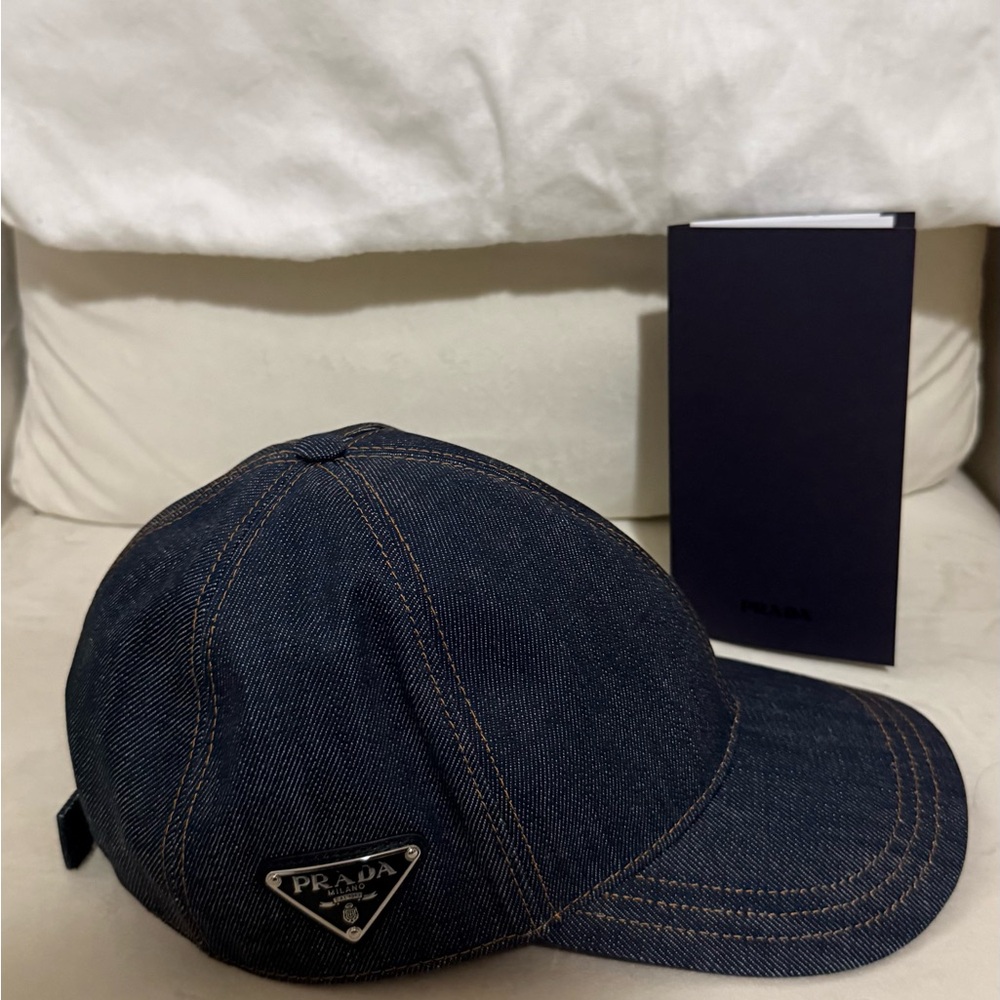 Prada Men’s Dark Denim Baseball Cap with Silver Triangle Logo